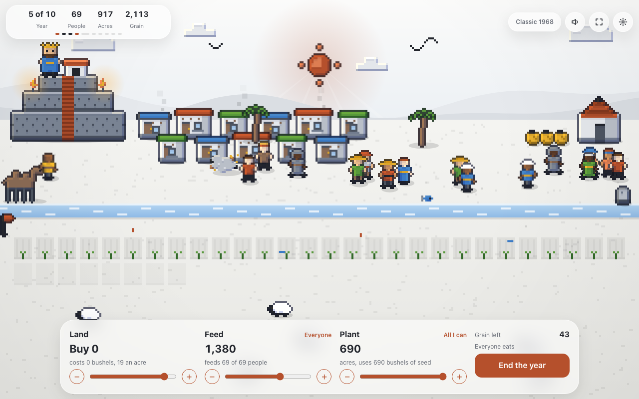 Choosing how much to feed and plant, with the city behind